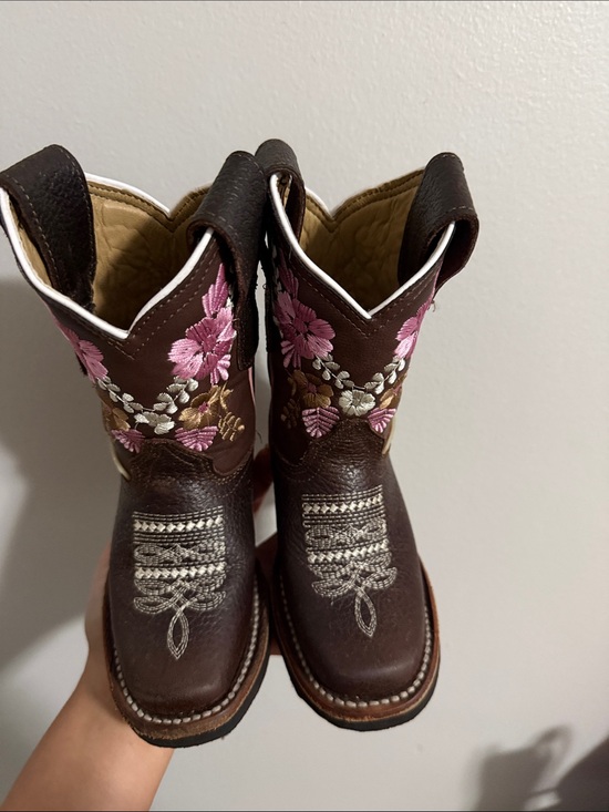 Other - Girls' Brown Leather Western Boots with Pink Floral Embroidery